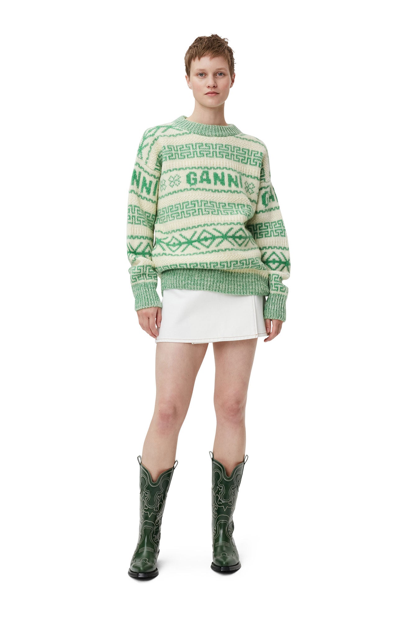 Organic wool intarsia-knit jumper, green-ivory