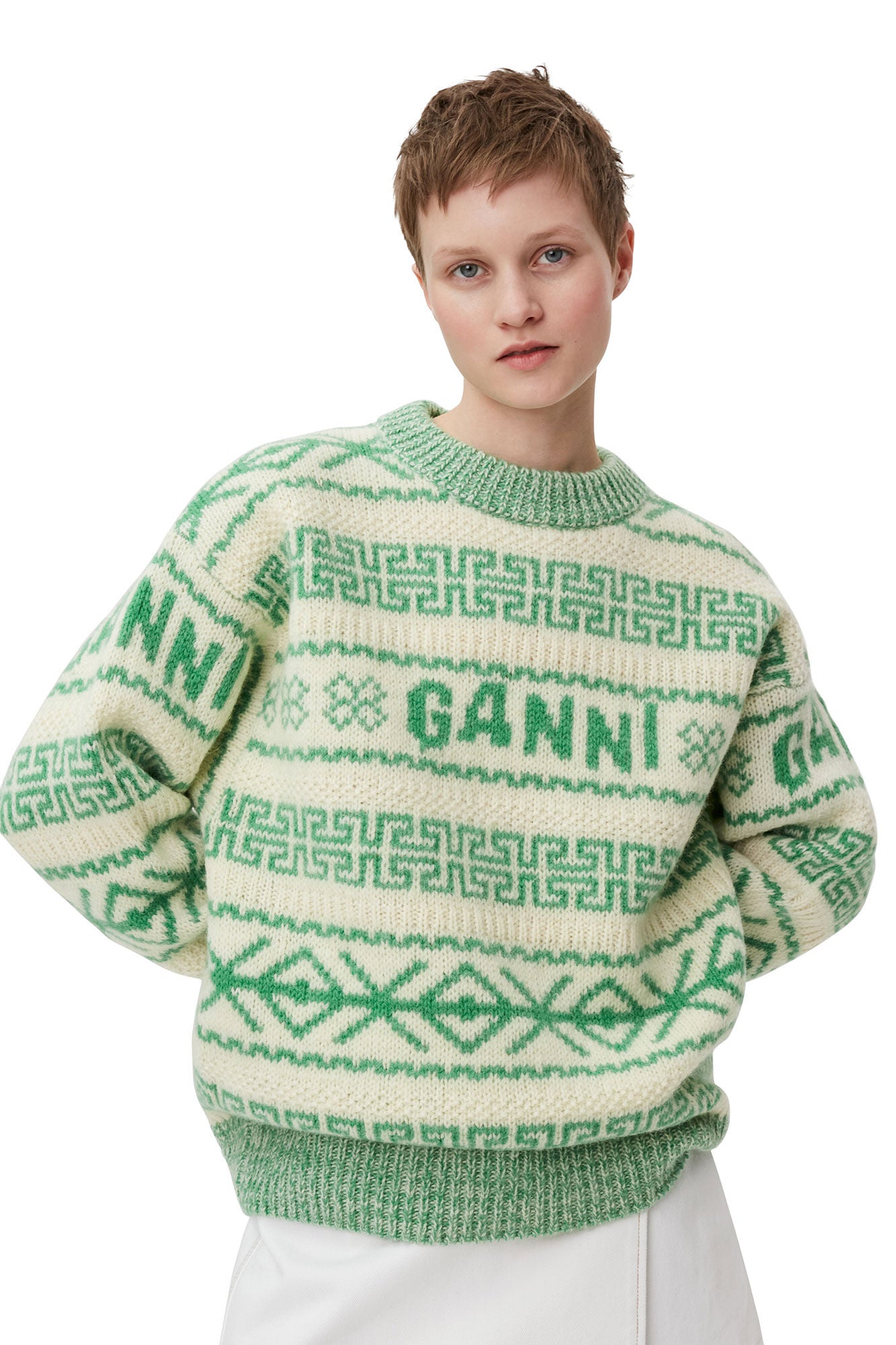 Organic wool intarsia-knit jumper, green-ivory