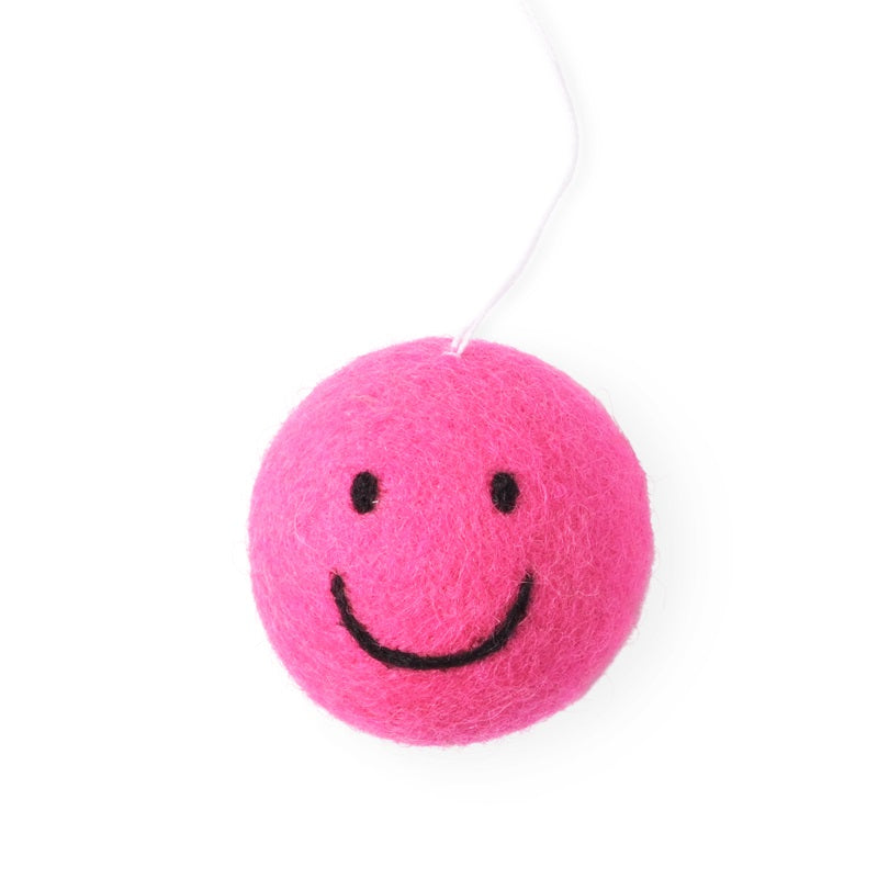 Woollen ball hanging ornament, pink smiley