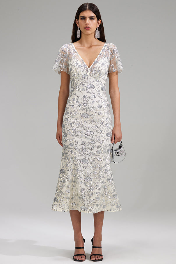 Sequin-embellished tulle midi dress, beige