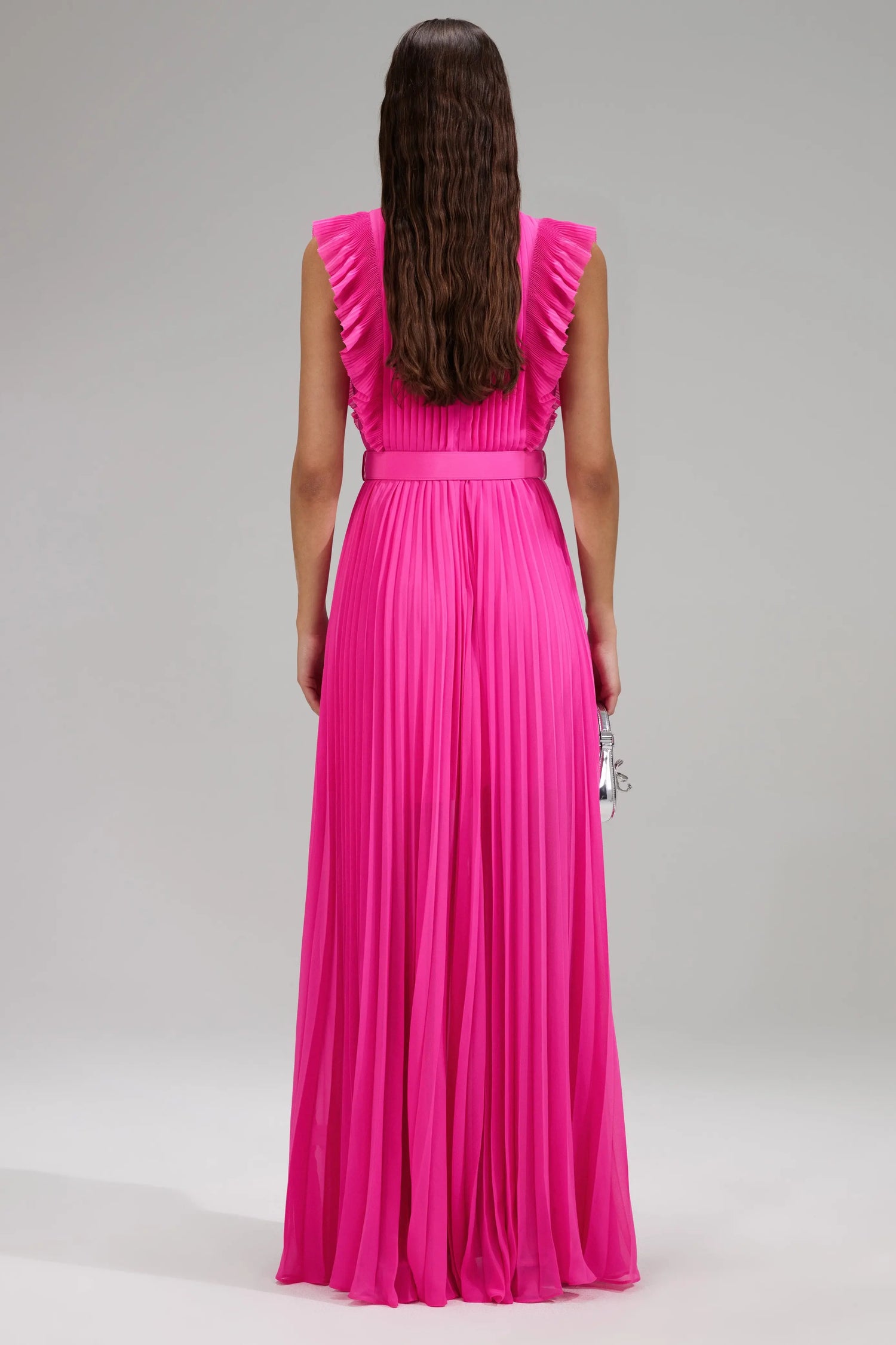 Chiffon sleeveless ruffle maxi dress, hot pink