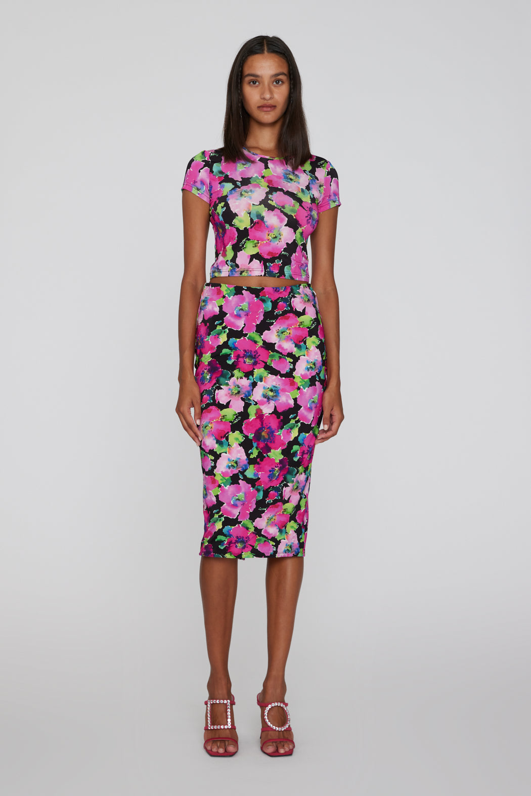 Floral-print pencil skirt, rose violet