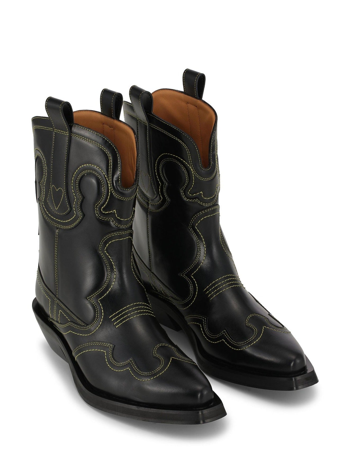 Low shaft embroidered western boots, black-yellow
