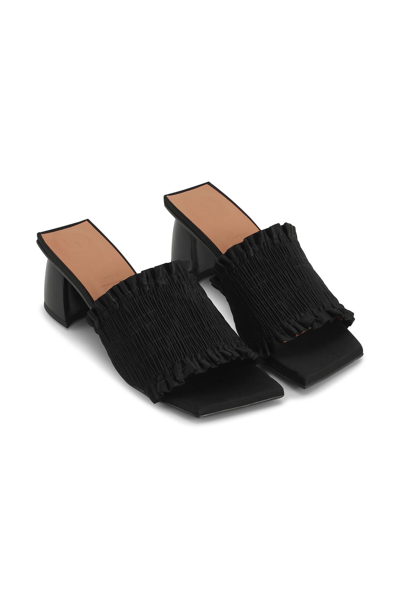 Smock kitten heel mules, black