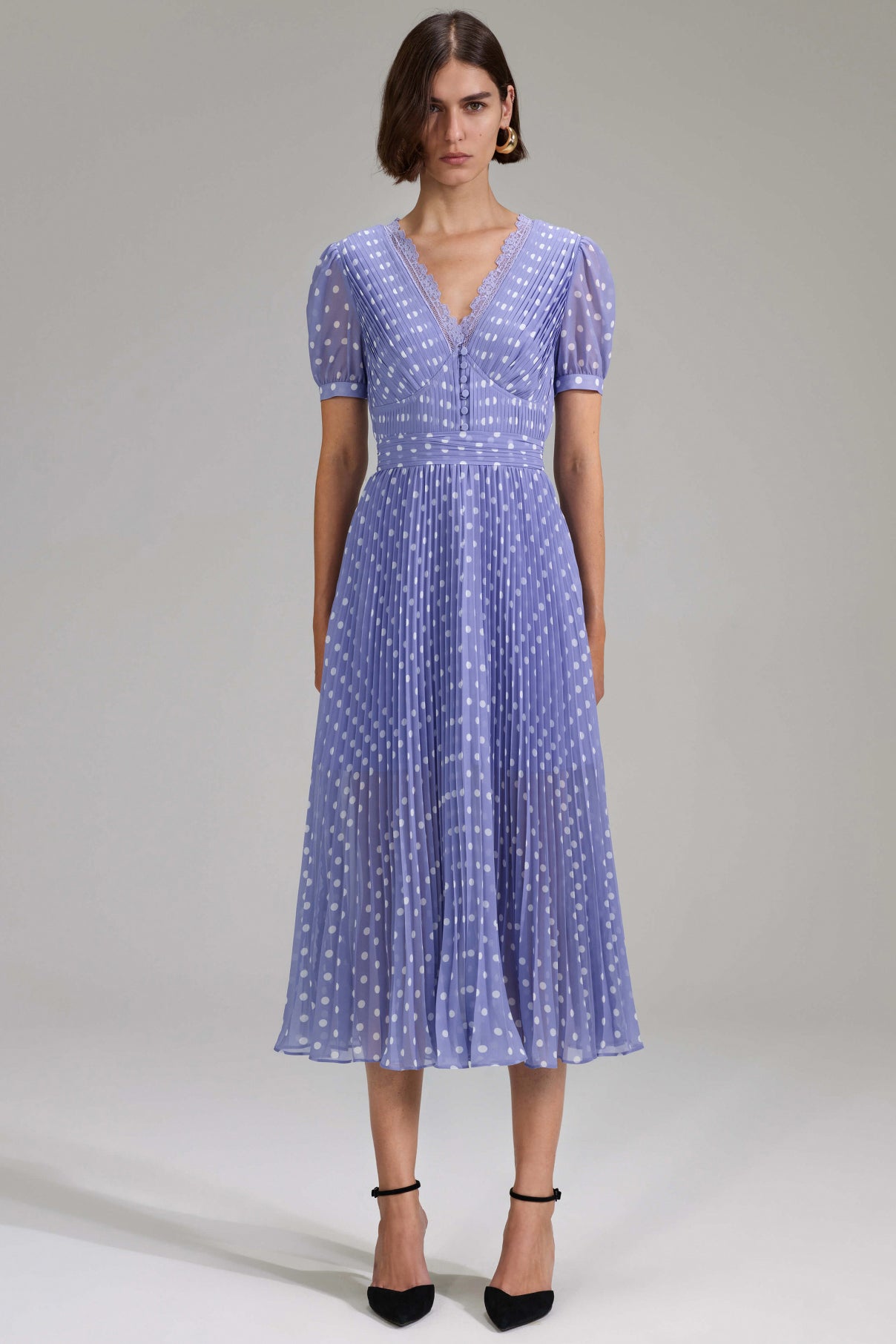 Polka dot print chiffon midi dress, lilac
