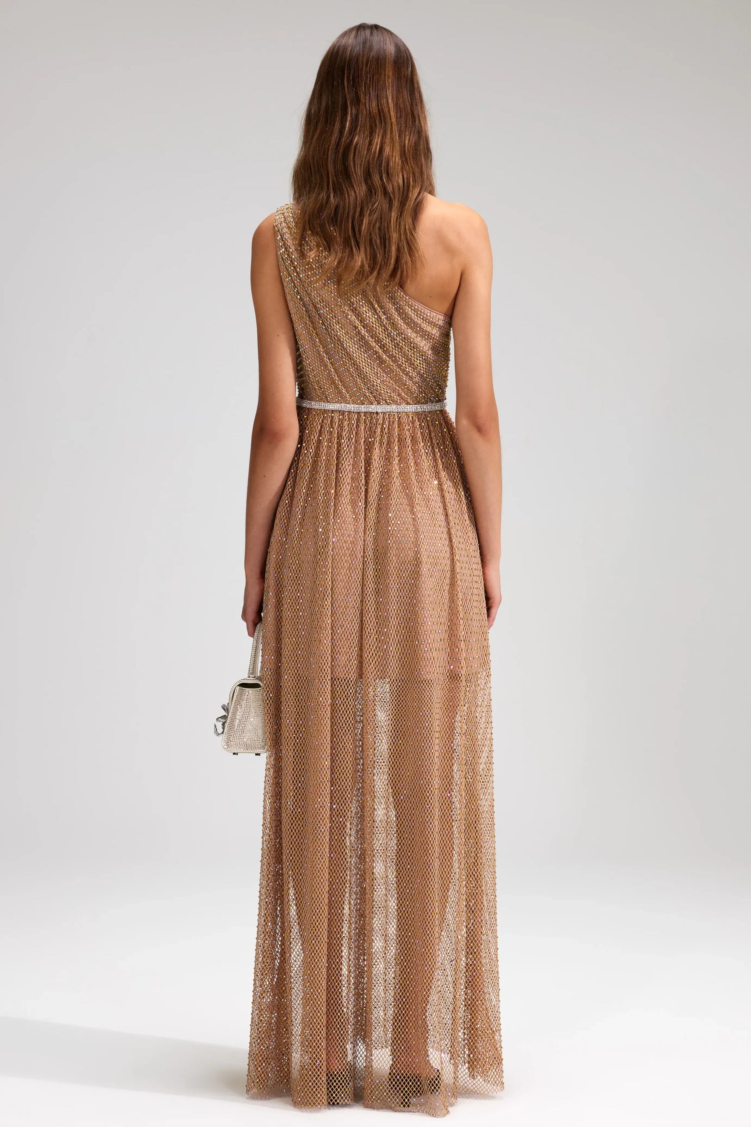 Hotfix fishnet one shoulder maxi dress, tan