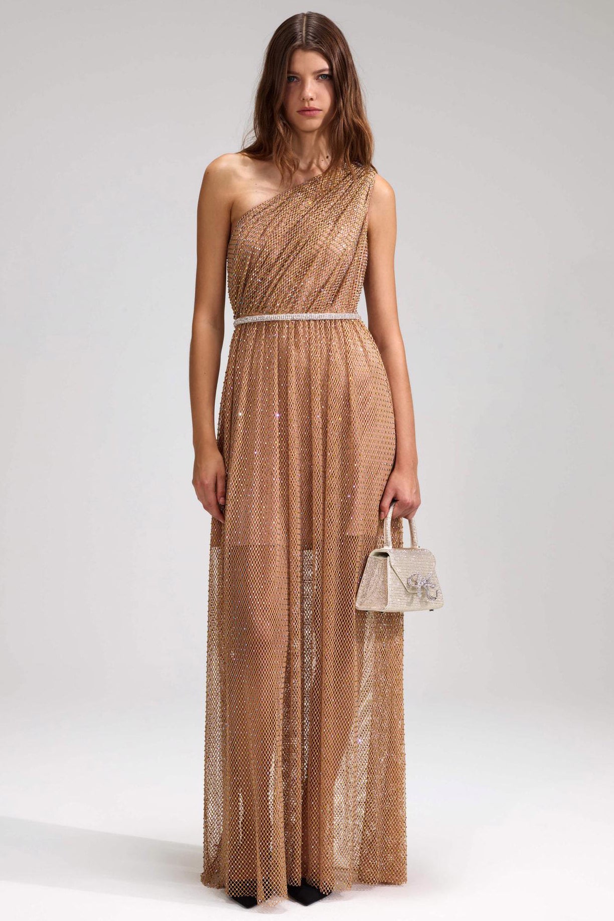 Hotfix fishnet one shoulder maxi dress, tan