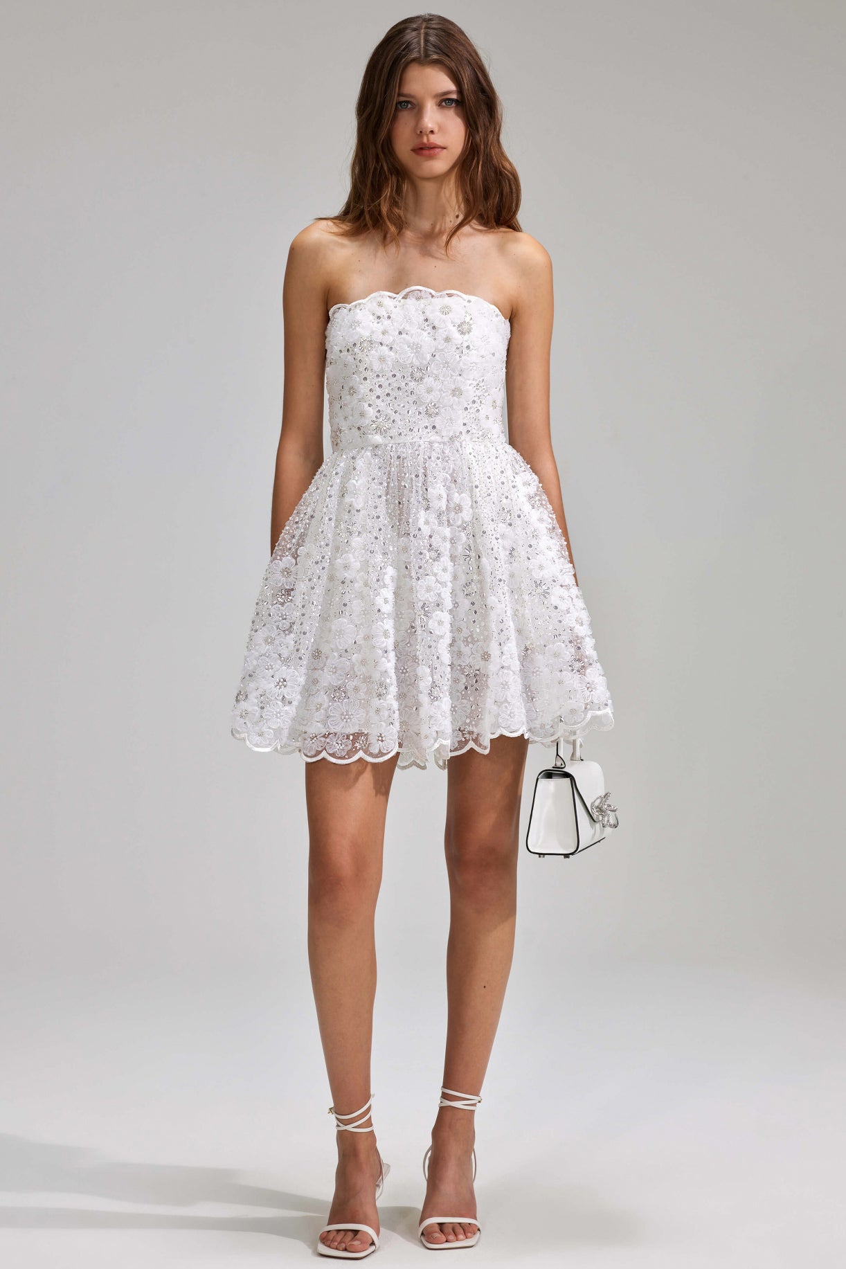 White beaded sequin bandeau mini dress, white