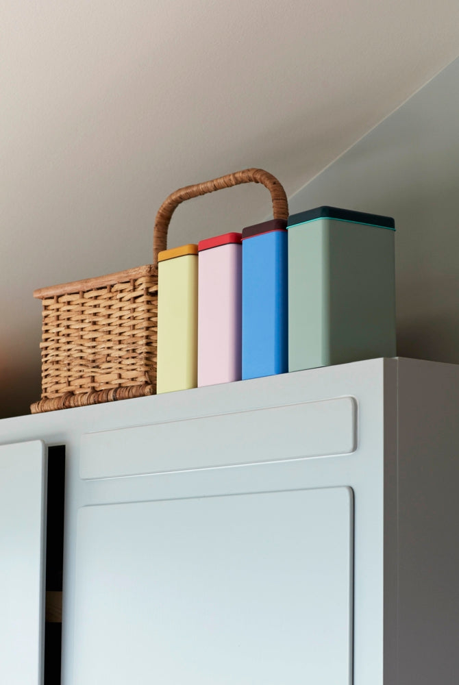 Tin by Sowden, blue, green, yellow or pink
