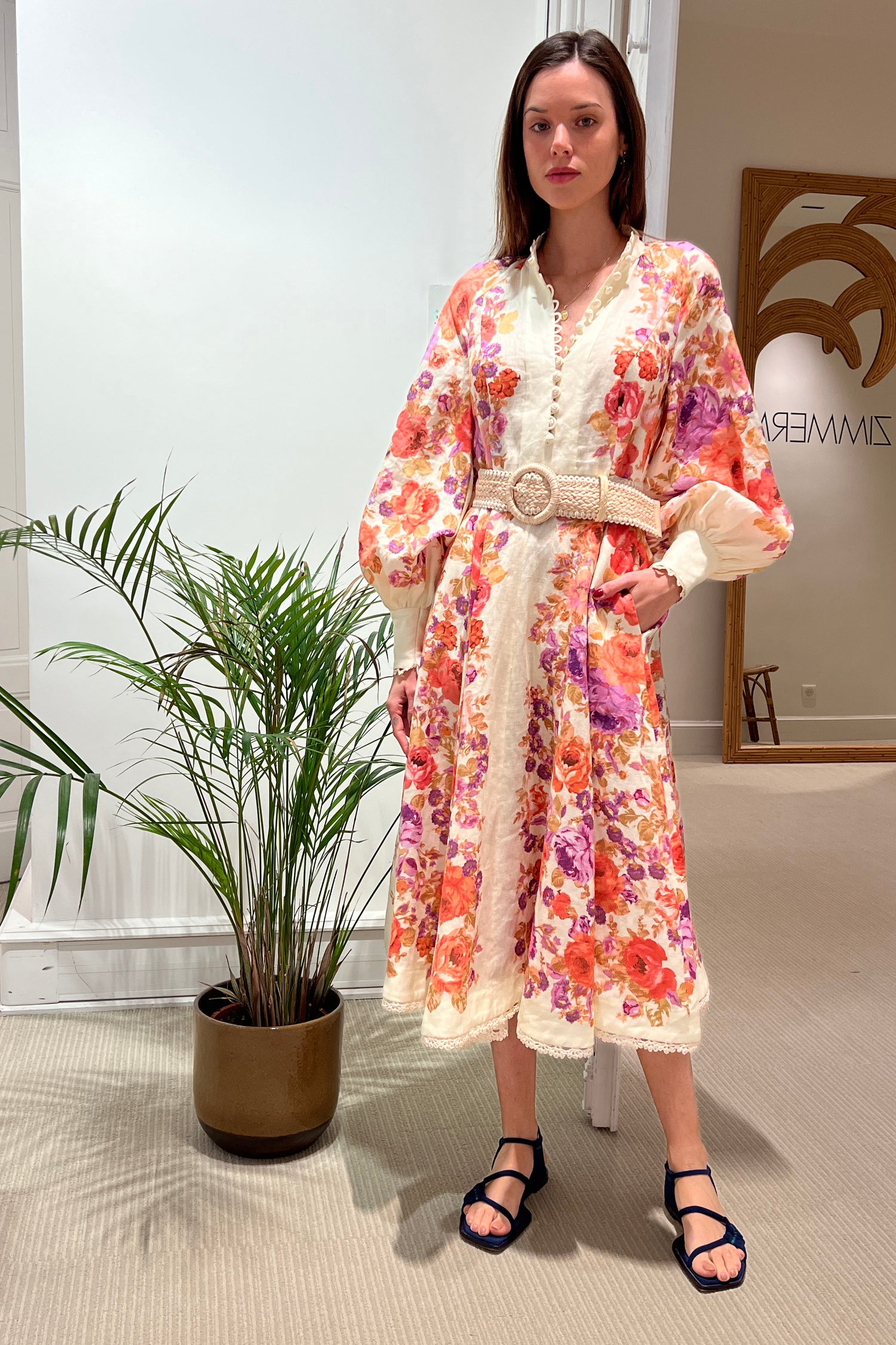 Raie billow sleeve linen midi dress, floral
