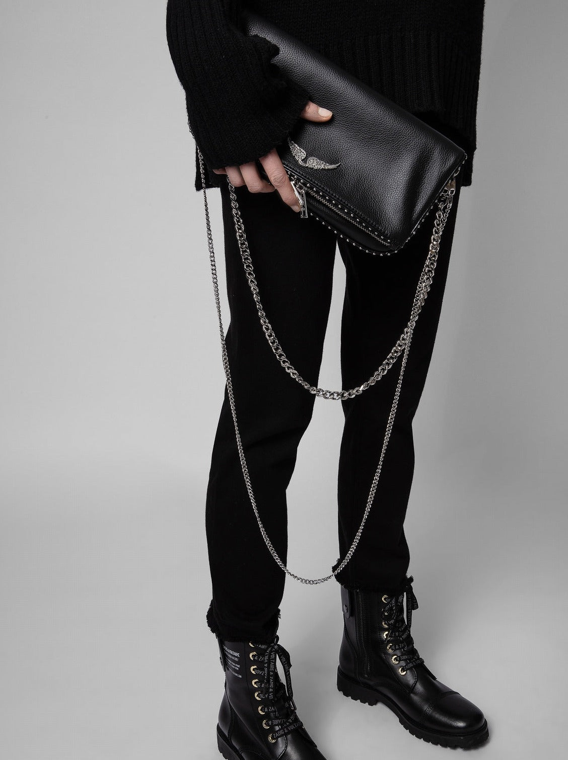 Rock grained leather studs bag, black-silver