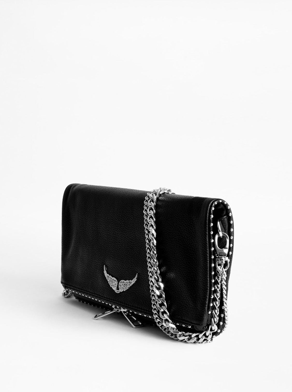Rock grained leather studs bag, black-silver