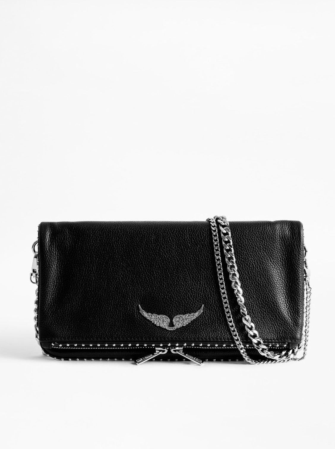 Rock grained leather studs bag, black-silver