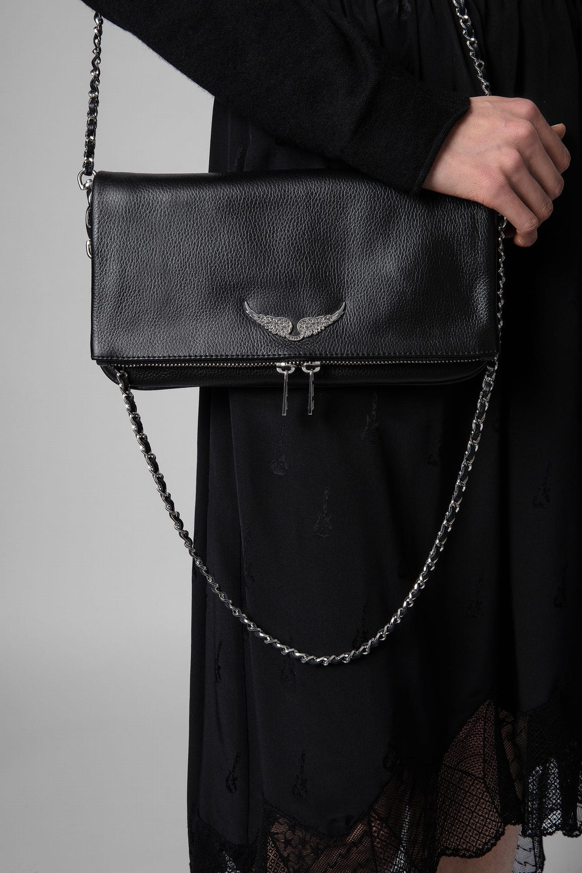 Rock grained leather bag, black-silver