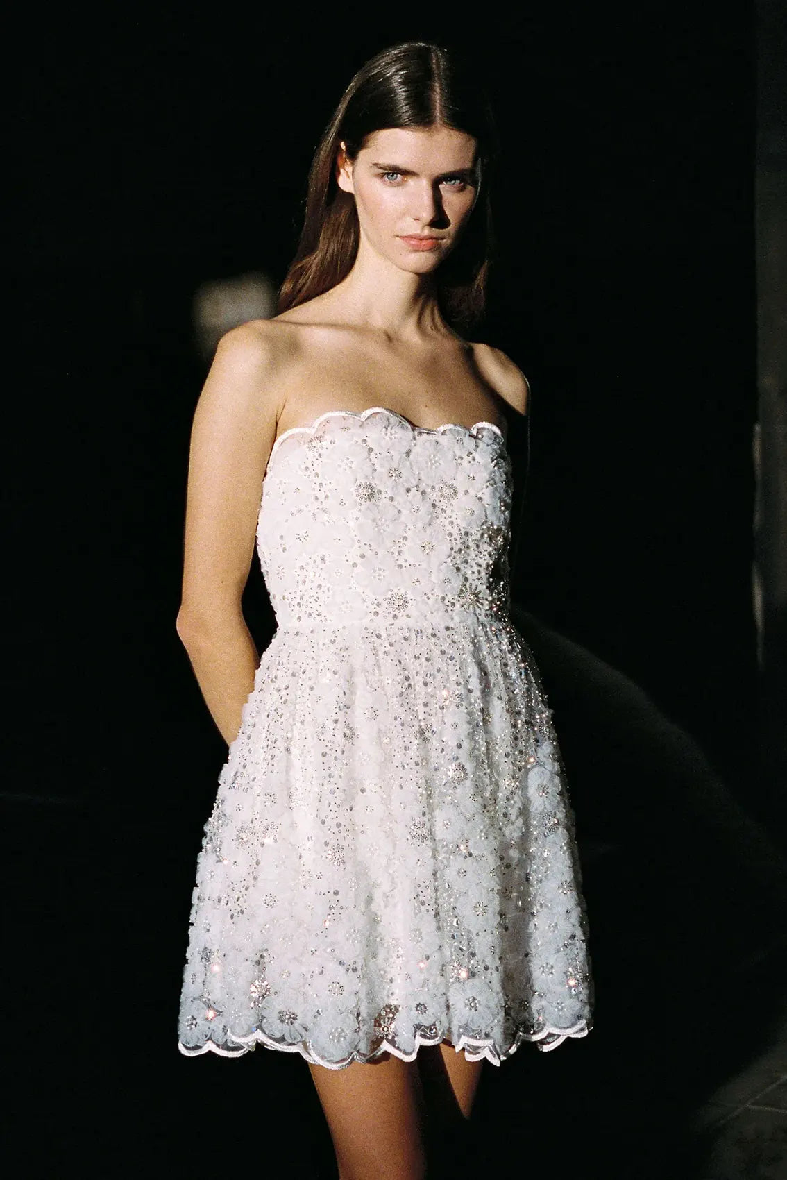 White beaded sequin bandeau mini dress, white