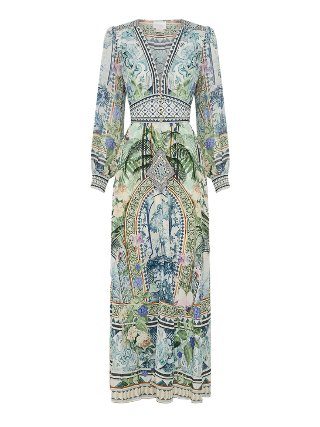 Button silk dress with shaped waistband, jardim party print