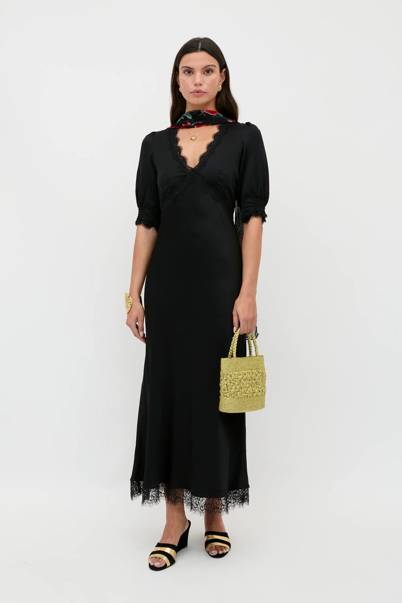 Annina satin lace dress, black