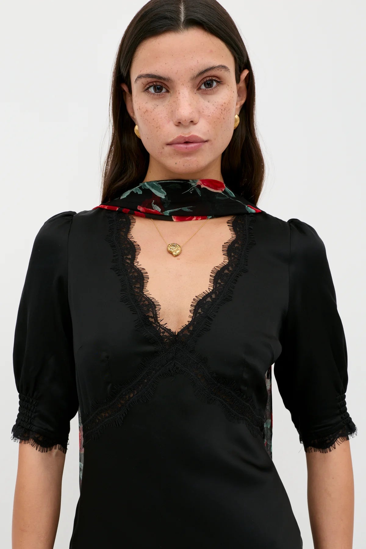 Annina satin lace dress, black