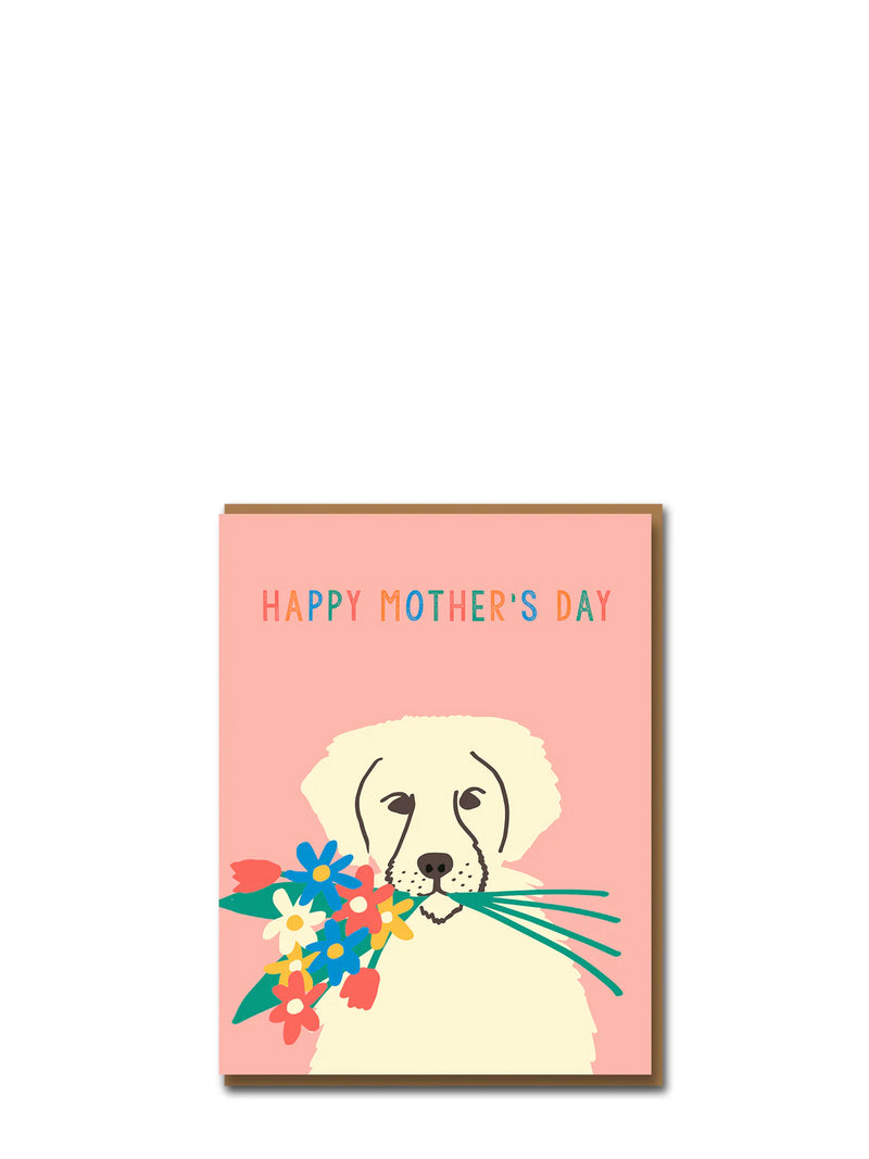 Mother's Day card with a dog holding flowers on a pink background