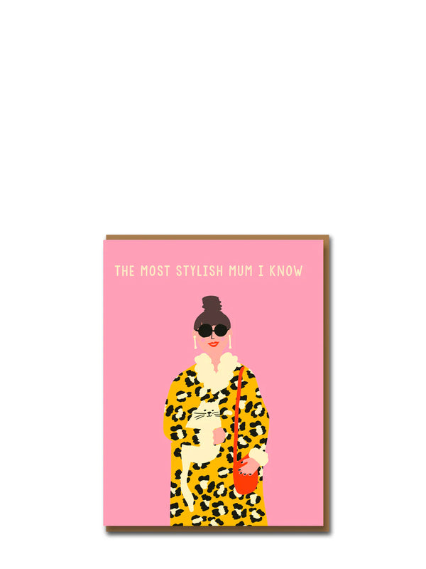 Card with illustration of a stylish woman in a leopard print coat on a pink background.