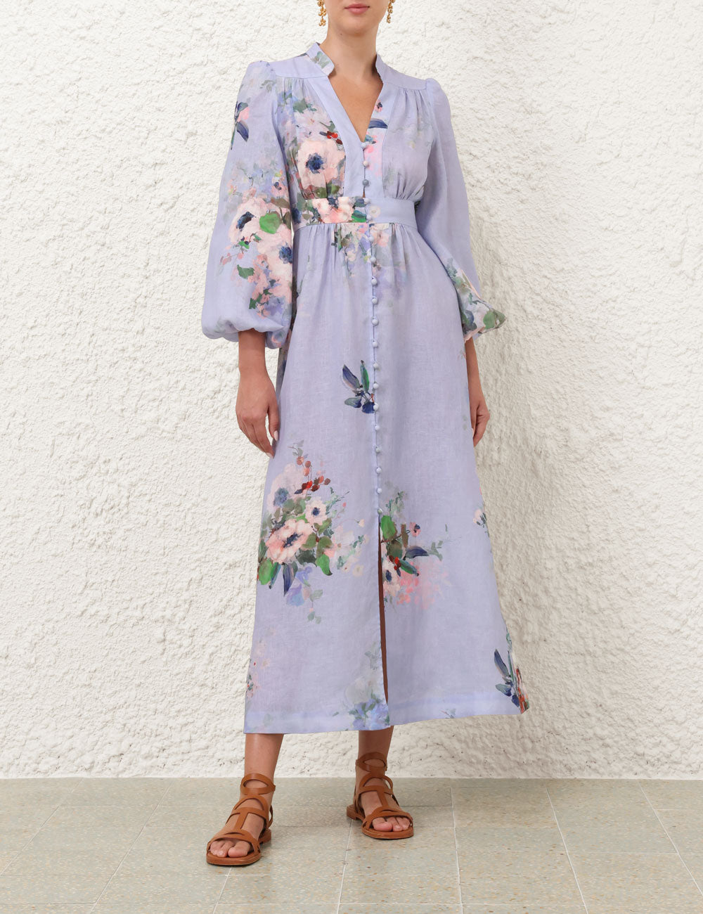 Everley Plunge Midi Dress, Light Blue Watercolour Floral