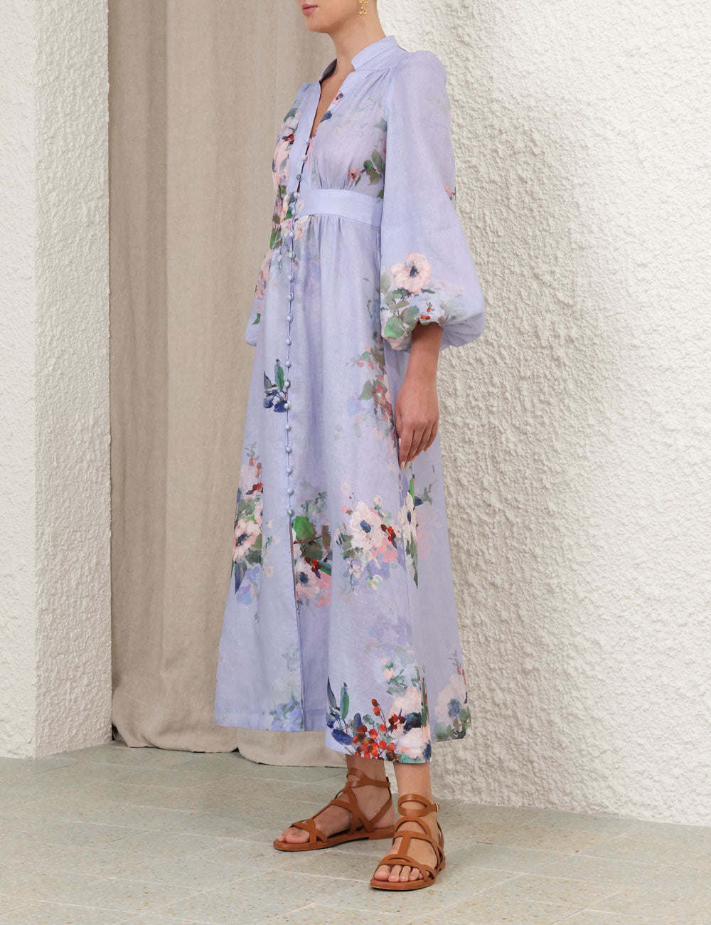 Everley Plunge Midi Dress, Light Blue Watercolour Floral