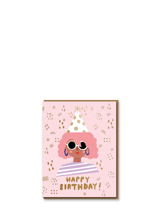 Illustration of a person with sunglasses and a birthday hat on a pink background with 'Happy Birthday!' text.