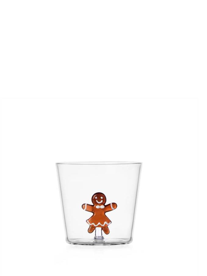 Clear glass with a gingerbread man design on a white background