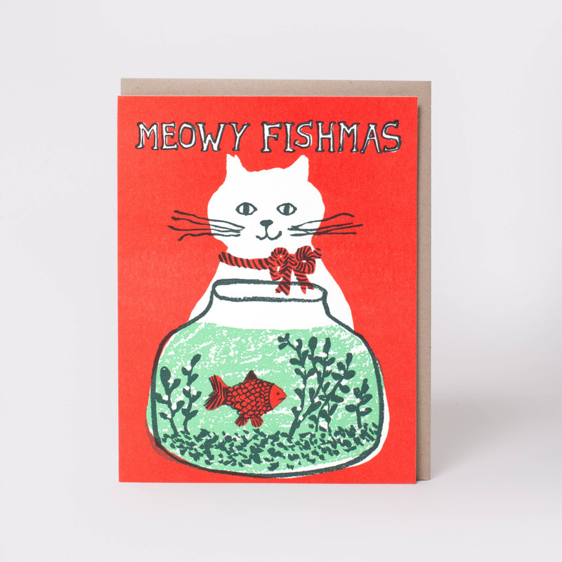 Cat illustrated red large christmas card