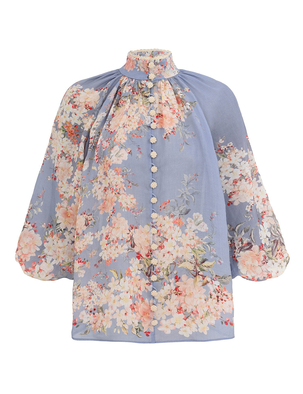 Cascadian Billow Blouse, teal blue botanical floral print