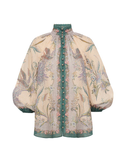 Indra billow blouse, floral cream scarf print