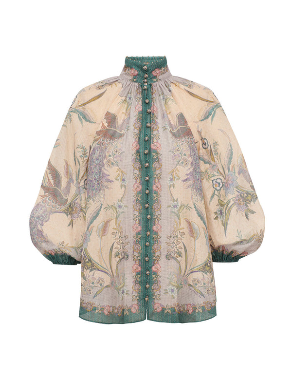 Indra billow blouse, floral cream scarf print
