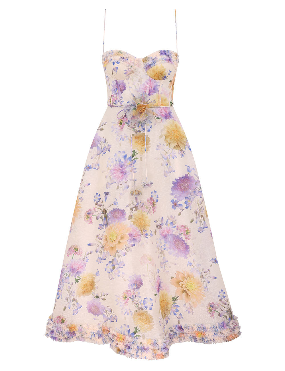 Luna ruffle silk-linen strappy midi dress, cream-dahlia purple
