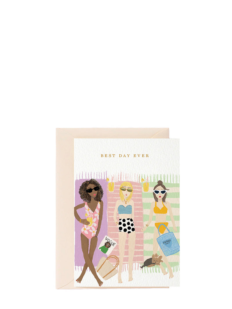 Card with illustration of three women in swimsuits on a towel, text 'Best Day Ever' on a white background.