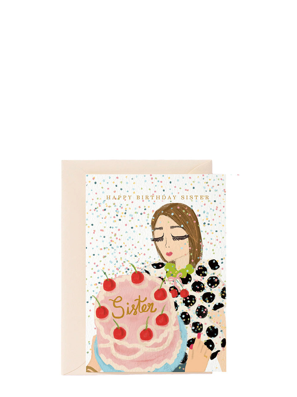 Greeting card with illustration of a woman holding a cake and text 'Happy Birthday Sister' on a white background.