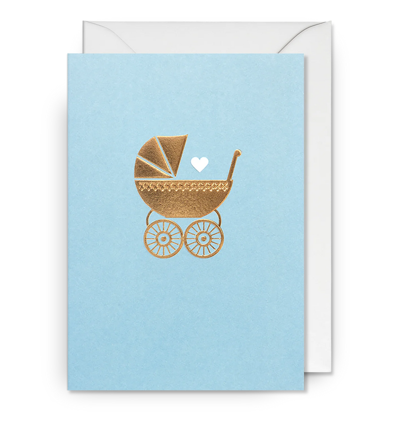 A pastel blue greeting card with a golden embossed illustration of a vintage baby pram and a heart, accompanied by its white envelope.