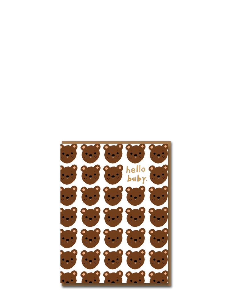 Card full of brown bears with 'hello baby' text on a white background