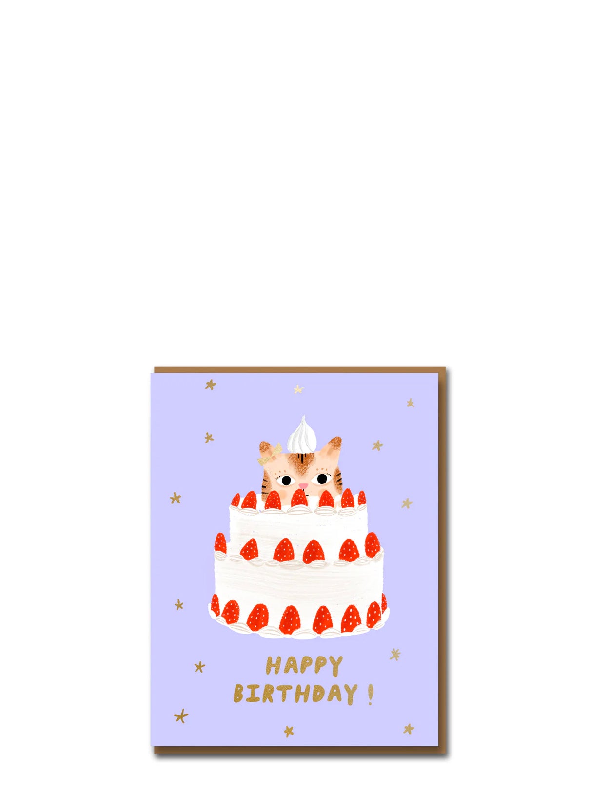 Card with a cat in a birthday cake design on a purple background