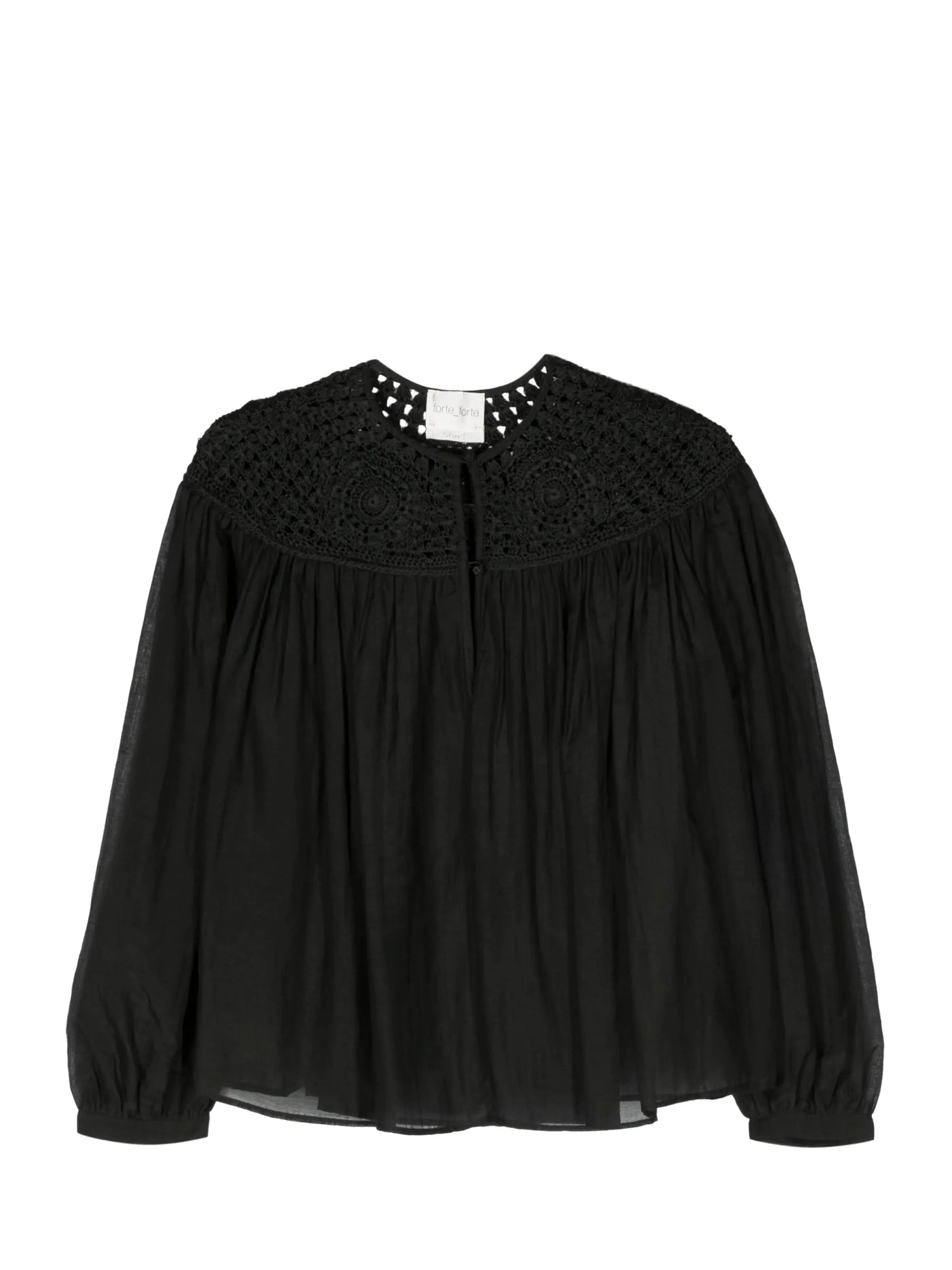 Cotton silk voile bohemian shirt crochet details, black