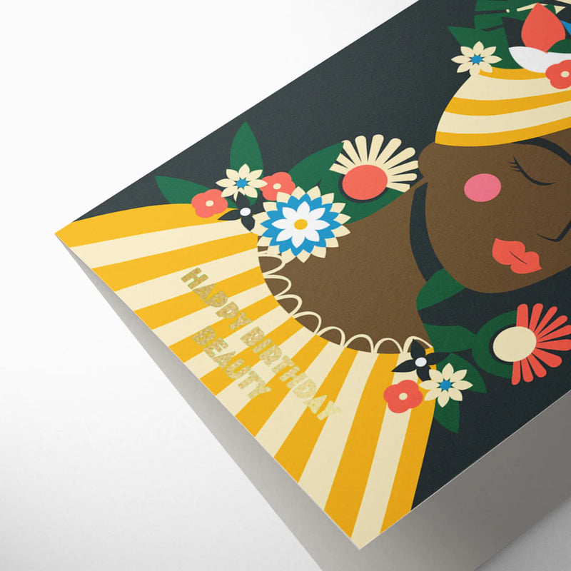 Colorful illustration of a woman with flowers on a black background