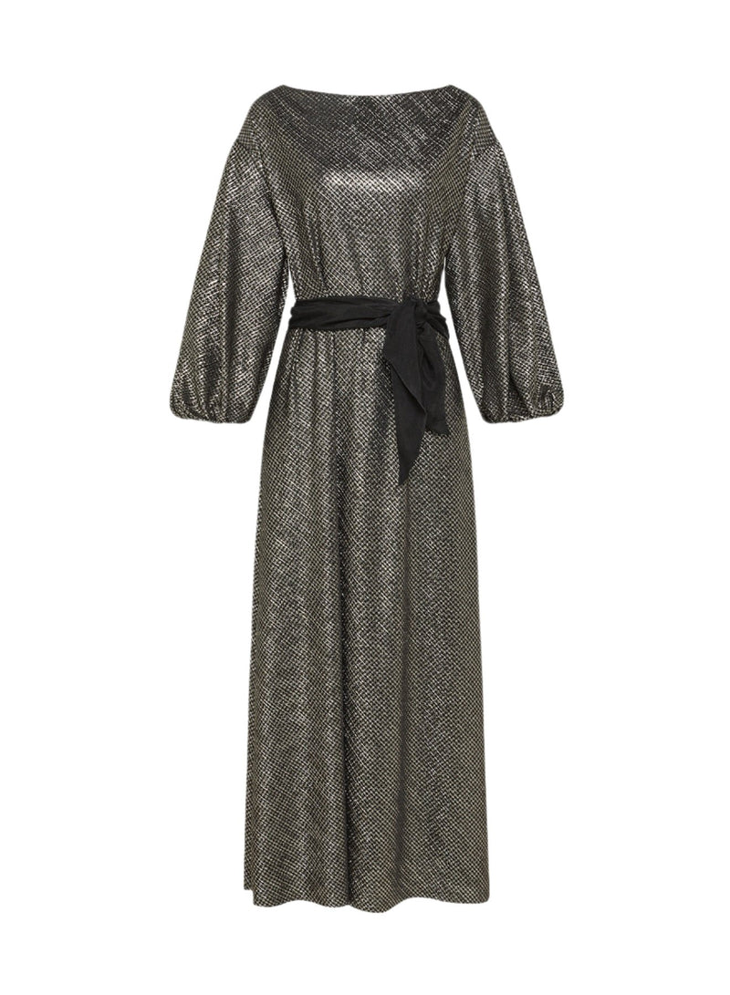 A long-sleeved black dress with a houndstooth pattern, featuring a boat neck, balloon sleeves, a belted waist, and a flared skirt.
