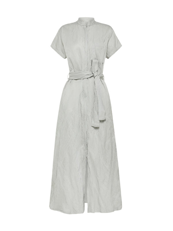 Contemporary crinkled cotton belted dress, light grey
