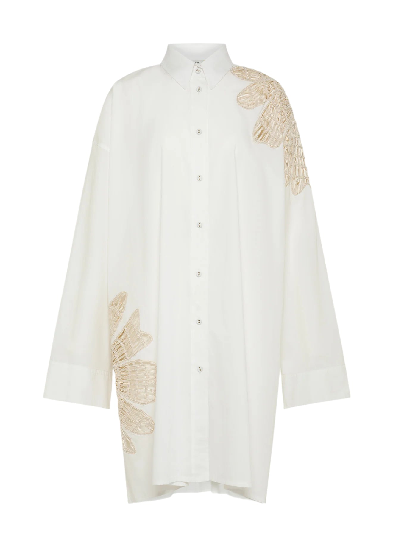 Botanical flower embroidery popline over shirt, white