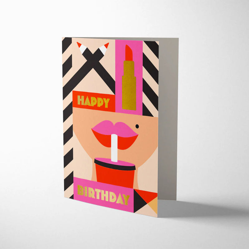 Colorful birthday card with geometric design and text on a white background