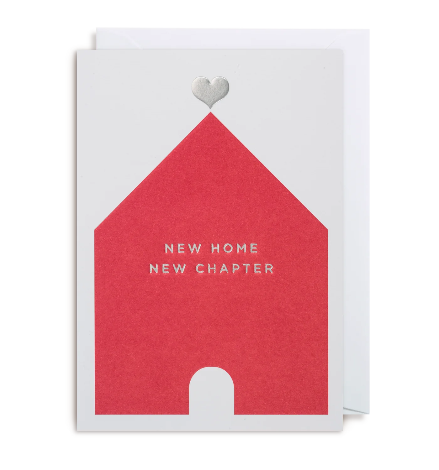 A greeting card with a red house illustration and the text 'NEW HOME NEW CHAPTER' on it, accompanied by a white envelope.