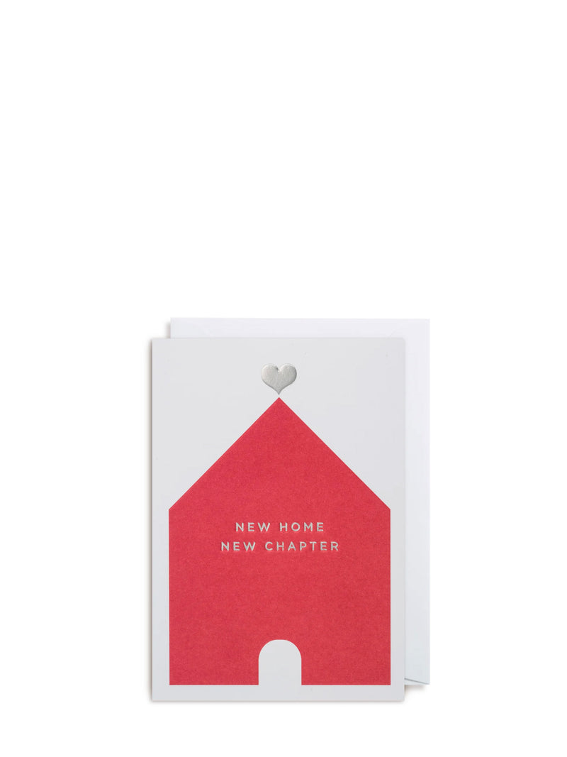 Greeting card with red house design and text 'New Home, New Chapter' on a white background