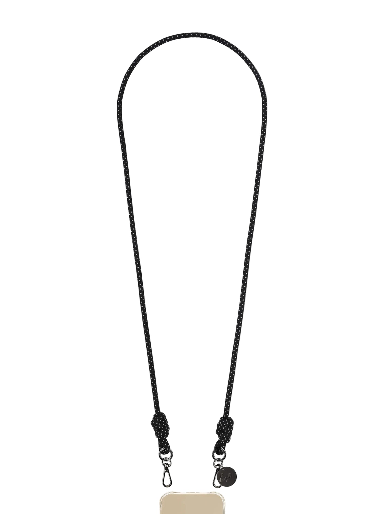 Nolan crossbody phone strap, white and black polka-dot textile