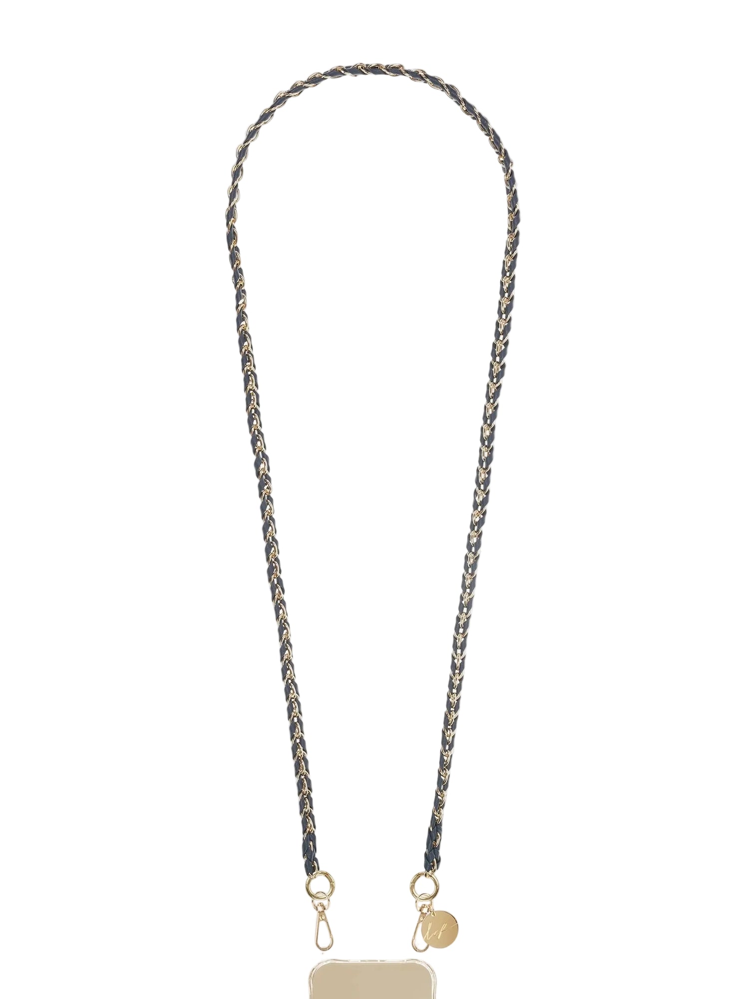 Lou crossbody phone strap, dusty blue and gold metal