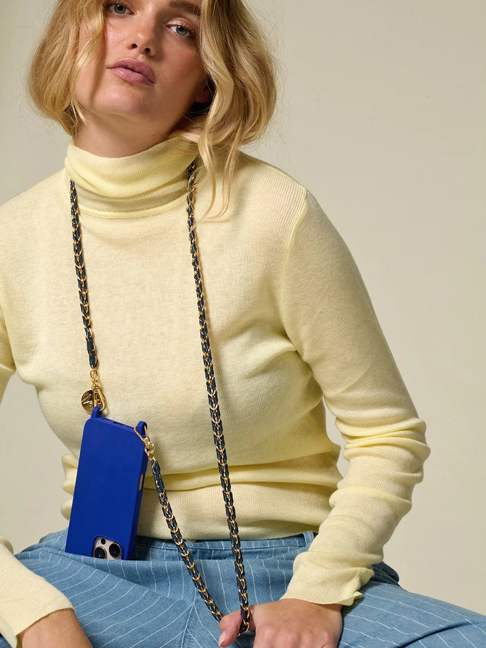 Lou crossbody phone strap, dusty blue and gold metal