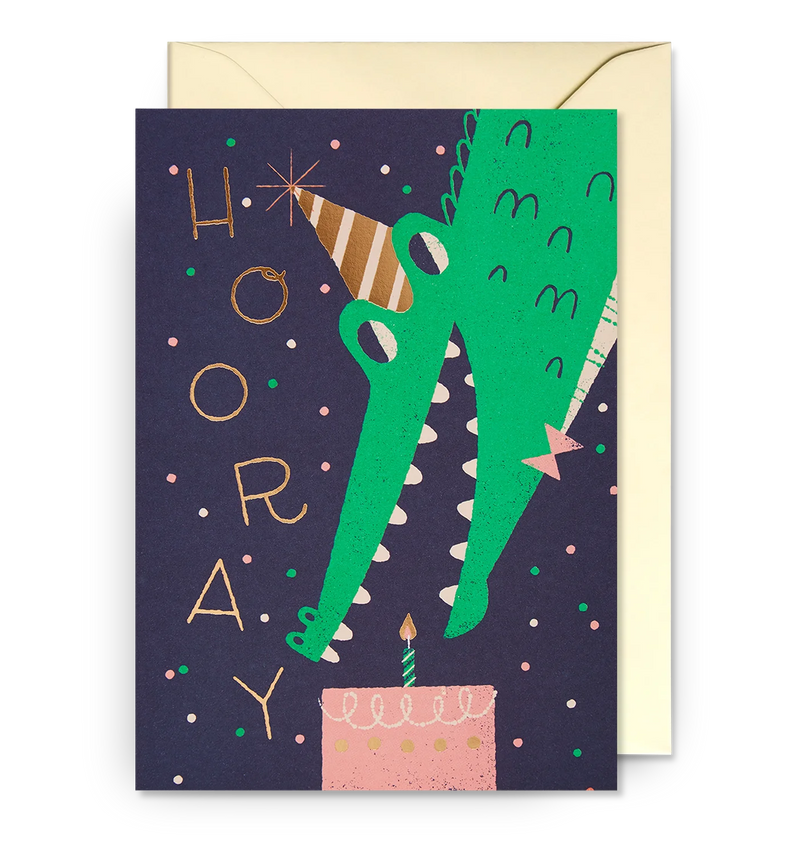 Hooray! Party croco and cake birthday card
